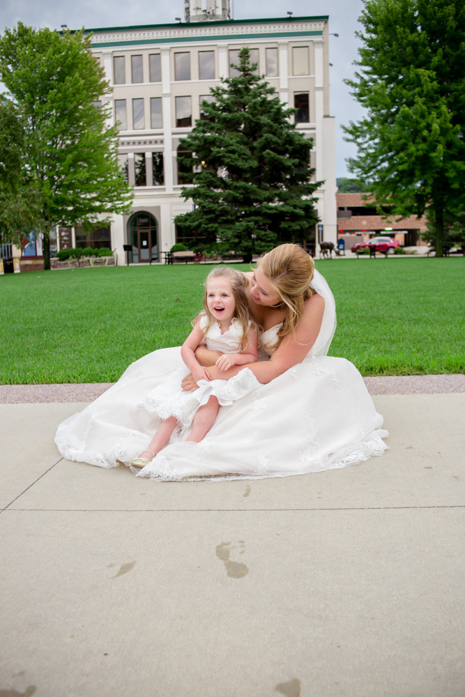 Bride and flower girl moment